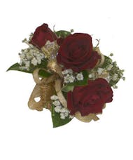 3 Red Spray Rose Corsage Gold Ribbon