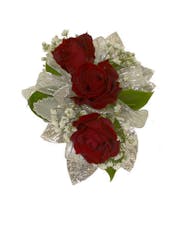 3 Red Spray Rose Corsage Silver Ribbon