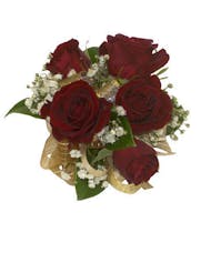 5 Red Spray Rose Corsage Gold Ribbon