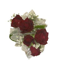5 Red Spray Rose Corsage Silver Ribbon